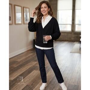 Pinque Black Ribbed Surplice Wrap Sweater‎ Strappy V-Back Long Sleeve Top Size L